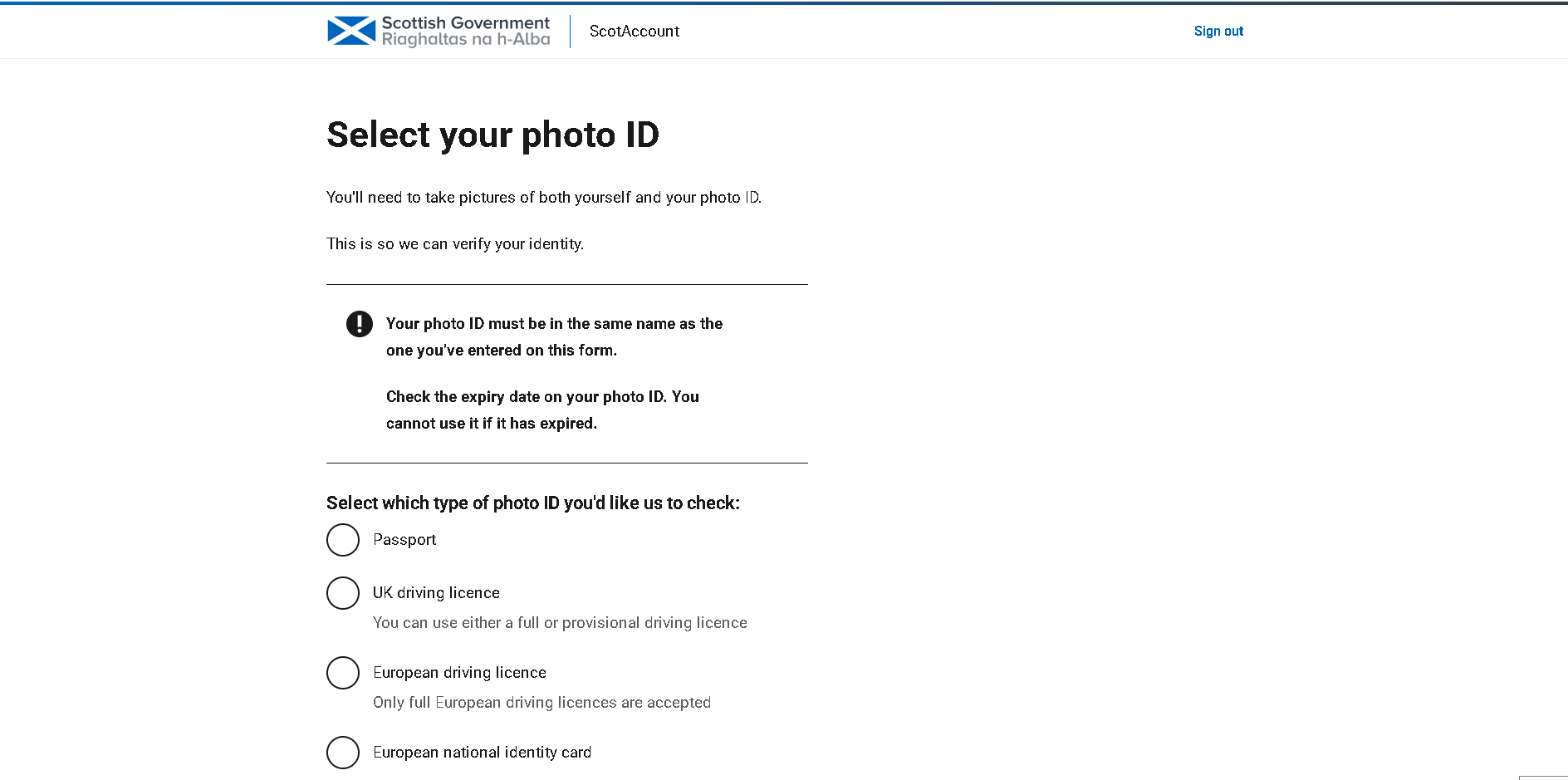 ScotAccount Select your photo ID screen showing identity document options